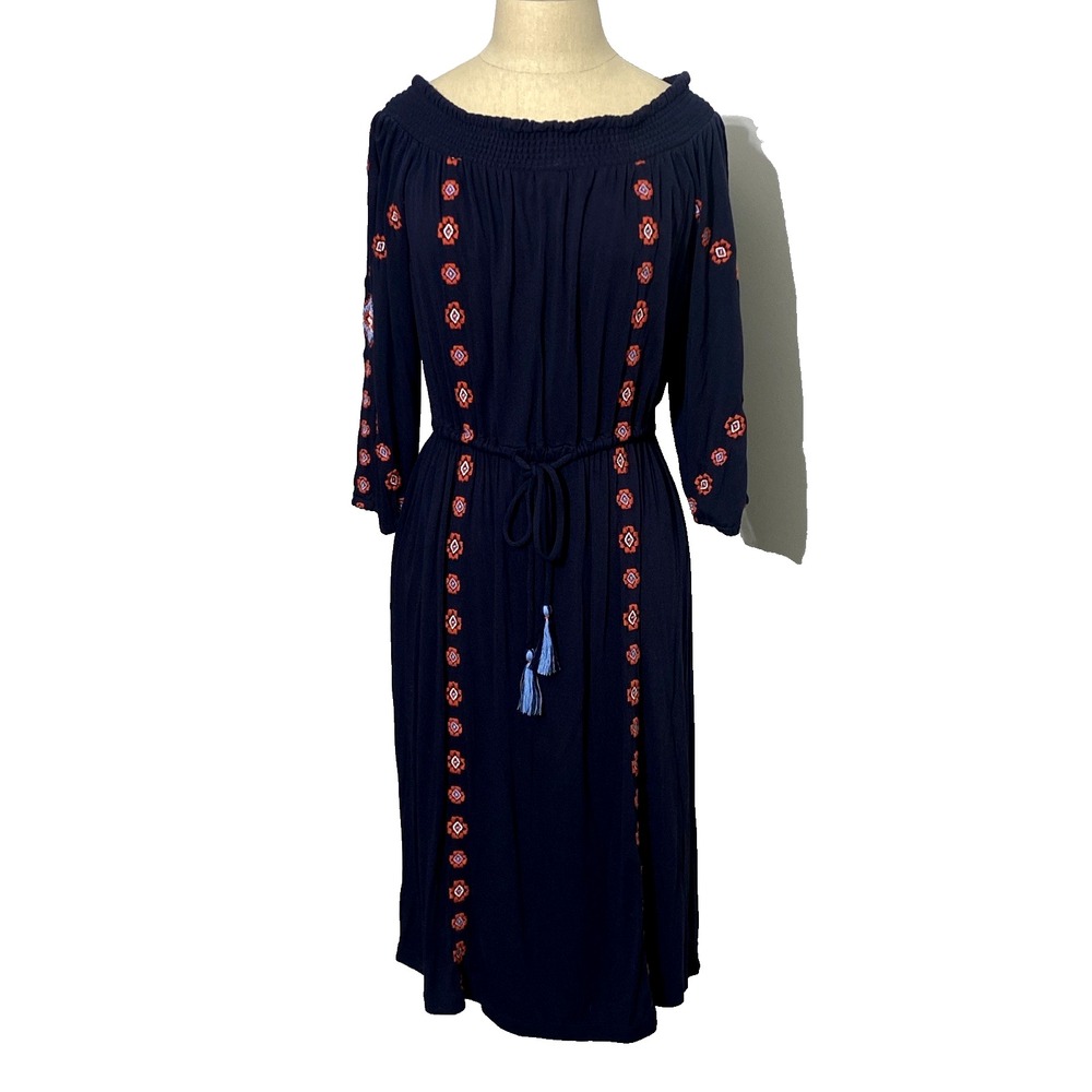 Womens Embroidered Dress Size Small Navy Blue Boho Floral Folk Hippie Waist Tie - Picture 2 of 11